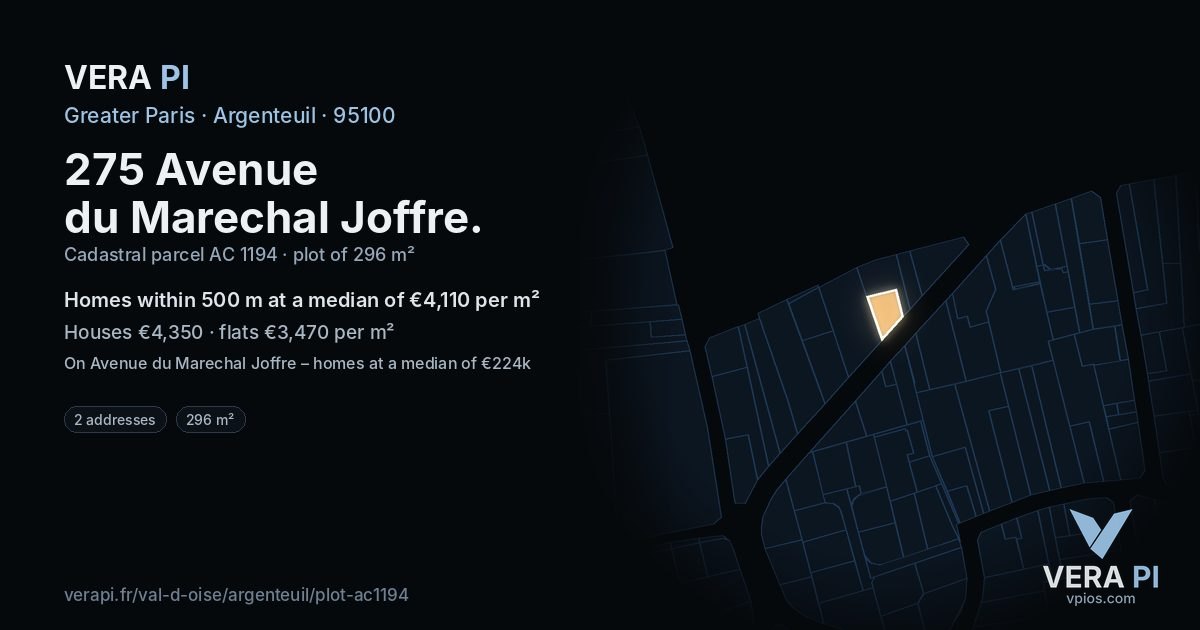 275 Avenue du Marechal Joffre, Argenteuil at night – the plot lit, the parcels around coloured by the prices near them