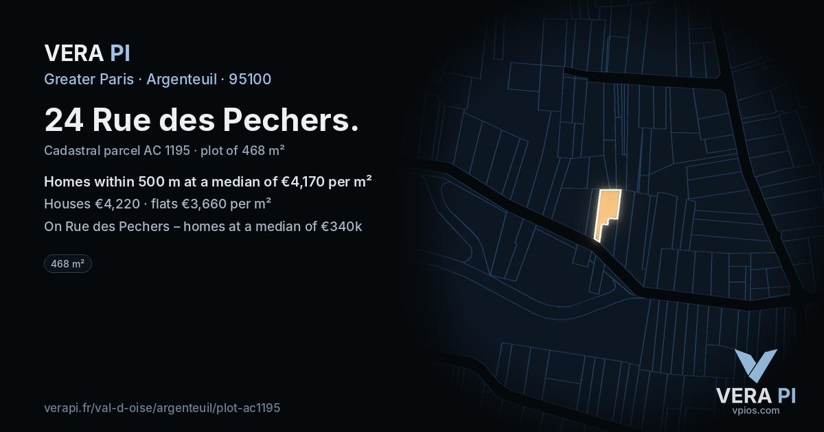 24 Rue des Pechers, Argenteuil at night – the plot lit, the parcels around coloured by the prices near them
