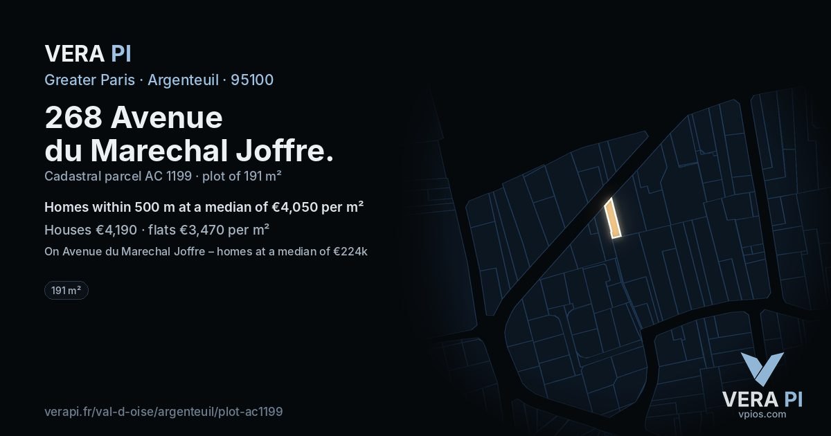 268 Avenue du Marechal Joffre, Argenteuil at night – the plot lit, the parcels around coloured by the prices near them