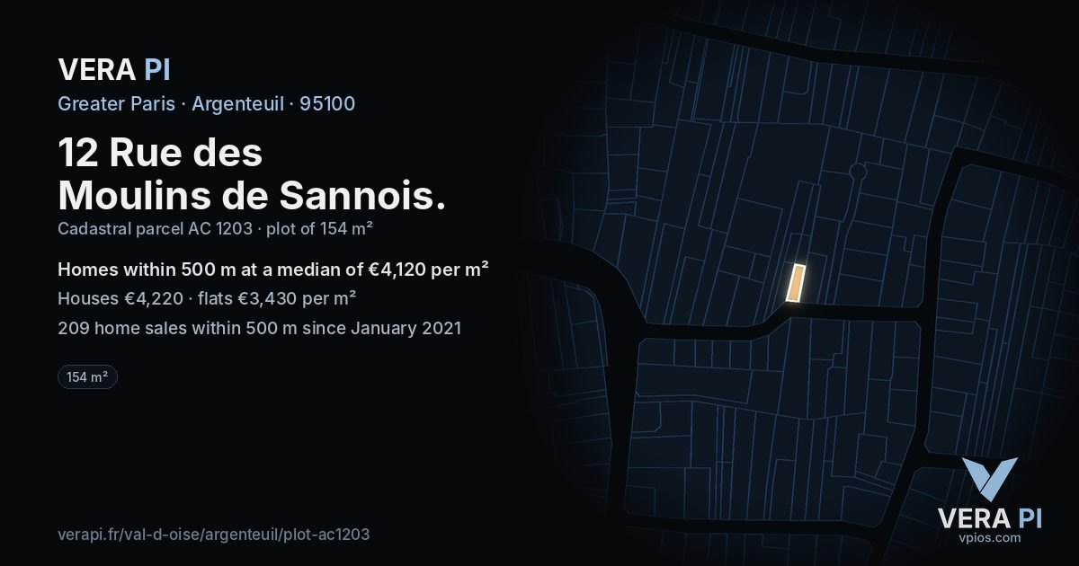 12 Rue des Moulins de Sannois, Argenteuil at night – the plot lit, the parcels around coloured by the prices near them