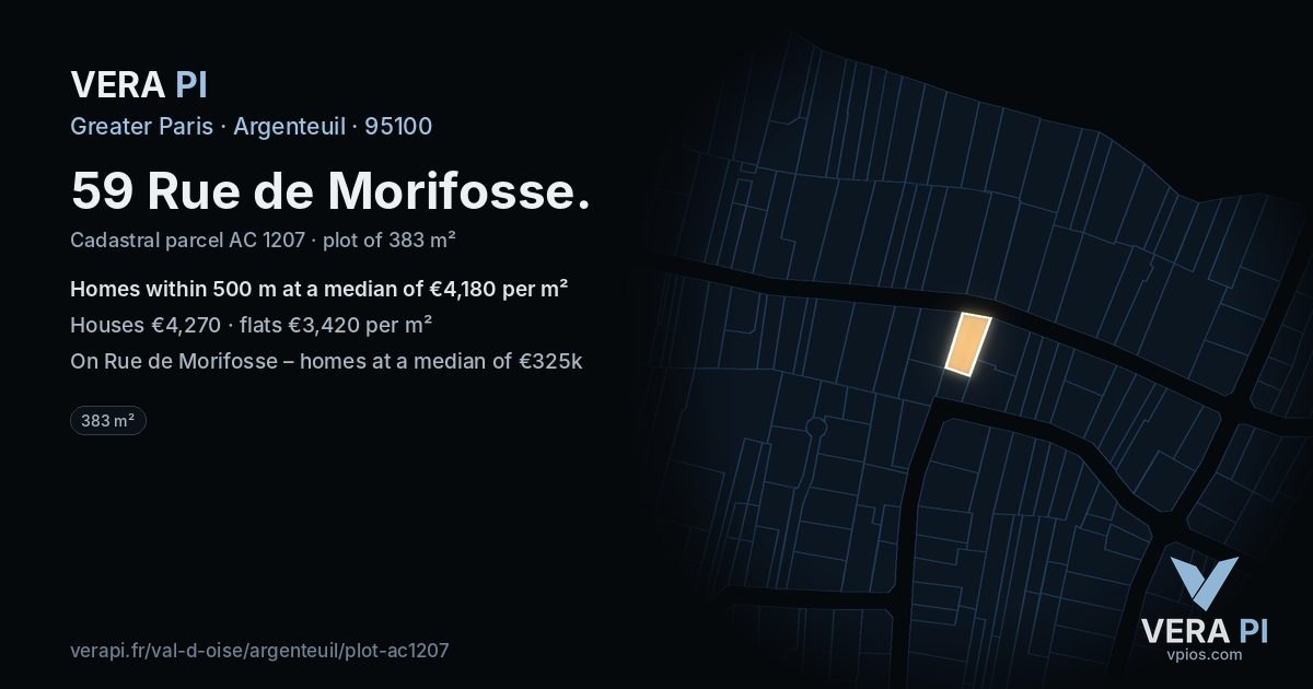 59 Rue de Morifosse, Argenteuil at night – the plot lit, the parcels around coloured by the prices near them