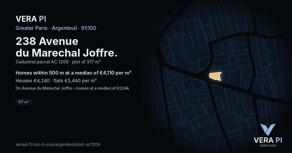238 Avenue du Marechal Joffre, Argenteuil at night – the plot lit, the parcels around coloured by the prices near them