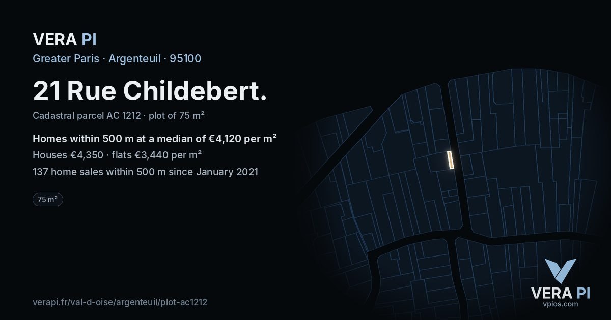 21 Rue Childebert, Argenteuil at night – the plot lit, the parcels around coloured by the prices near them