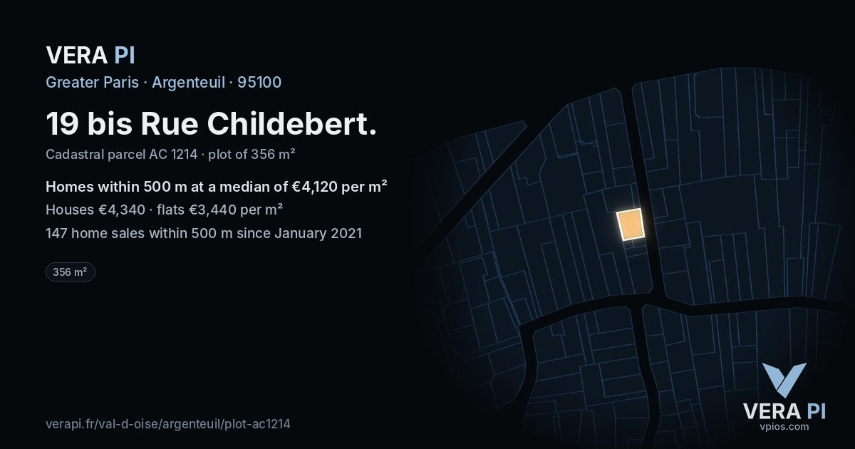 19 bis Rue Childebert, Argenteuil at night – the plot lit, the parcels around coloured by the prices near them