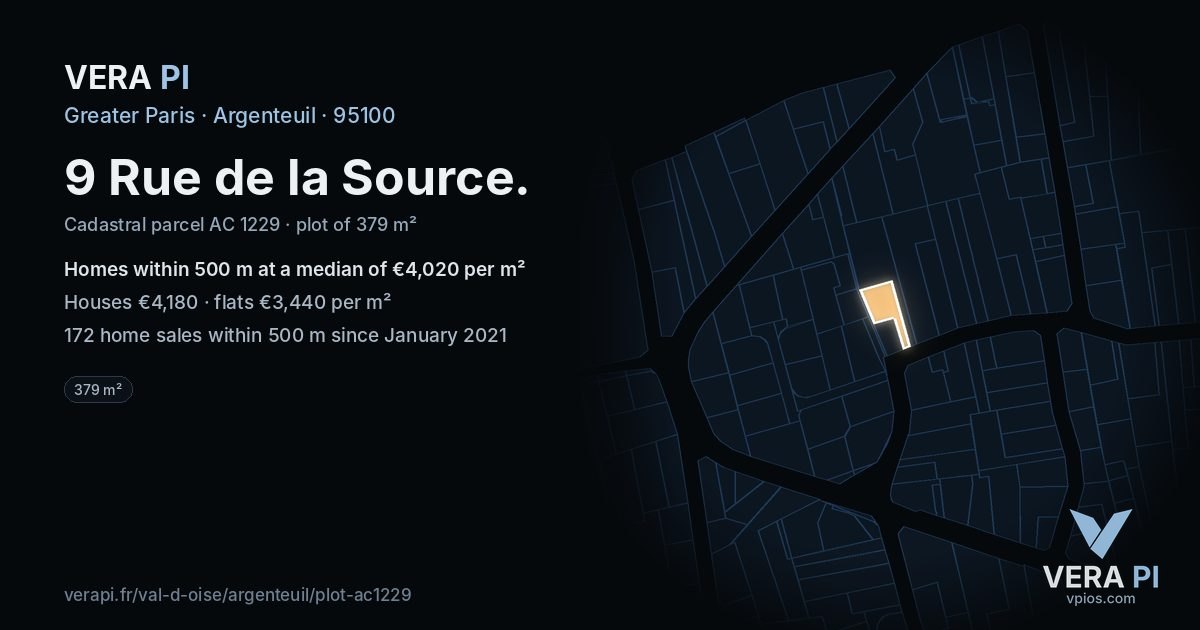 9 Rue de la Source, Argenteuil at night – the plot lit, the parcels around coloured by the prices near them