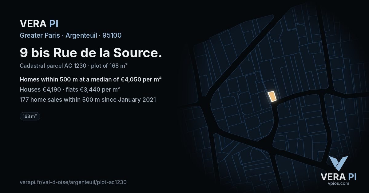 9 bis Rue de la Source, Argenteuil at night – the plot lit, the parcels around coloured by the prices near them