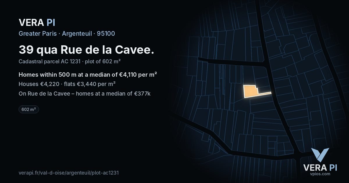 39 qua Rue de la Cavee, Argenteuil at night – the plot lit, the parcels around coloured by the prices near them