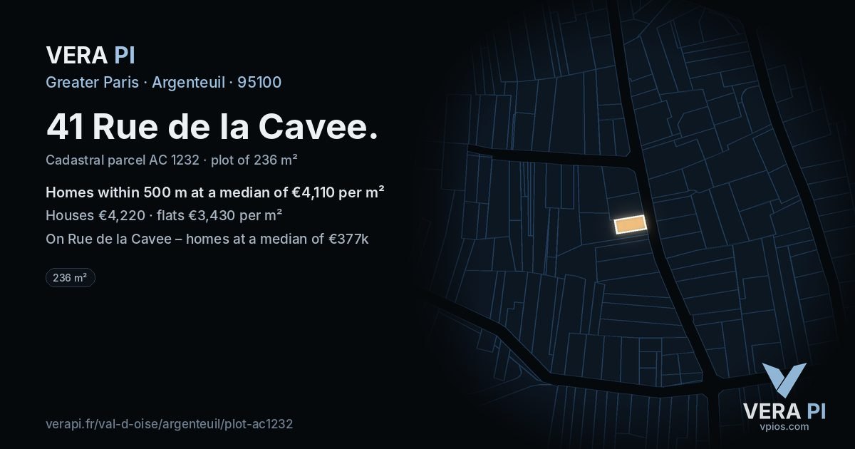 41 Rue de la Cavee, Argenteuil at night – the plot lit, the parcels around coloured by the prices near them
