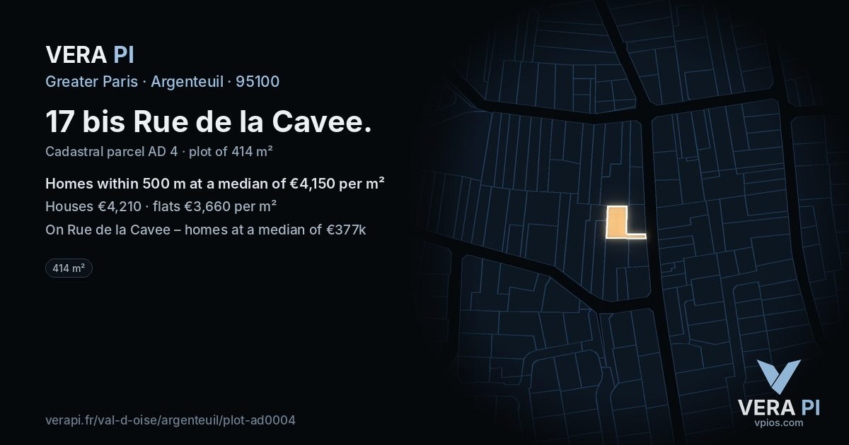 17 bis Rue de la Cavee, Argenteuil at night – the plot lit, the parcels around coloured by the prices near them