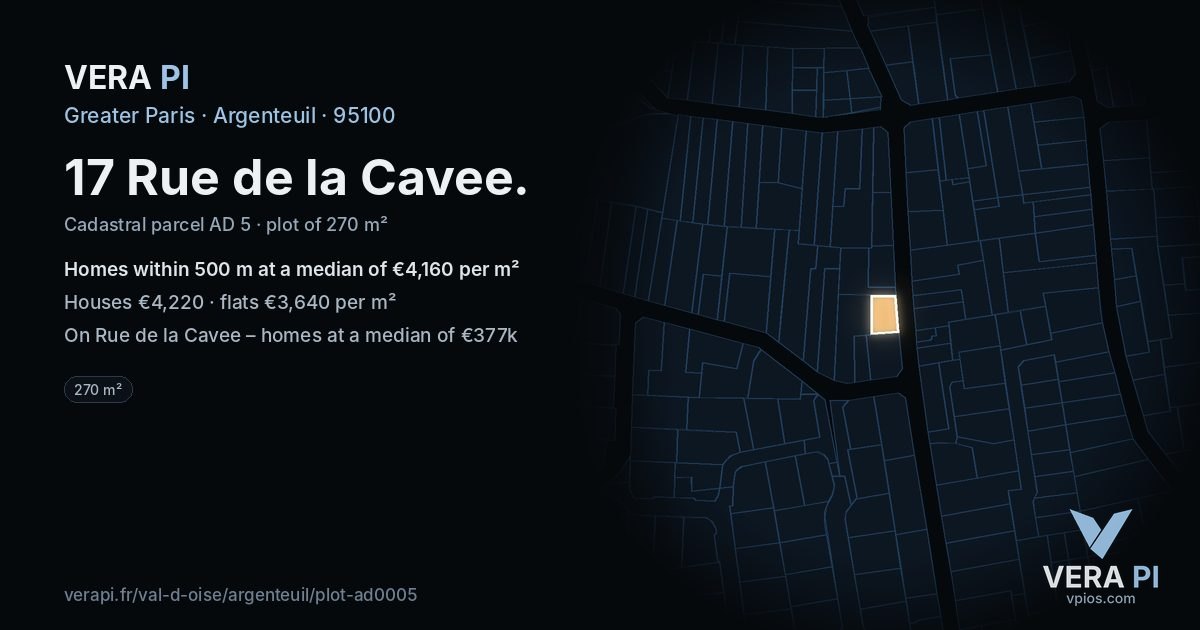 17 Rue de la Cavee, Argenteuil at night – the plot lit, the parcels around coloured by the prices near them