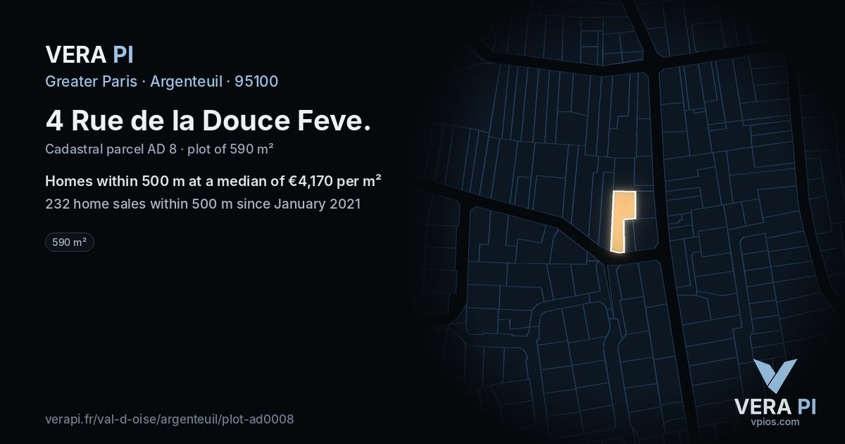 4 Rue de la Douce Feve, Argenteuil at night – the plot lit, the parcels around coloured by the prices near them
