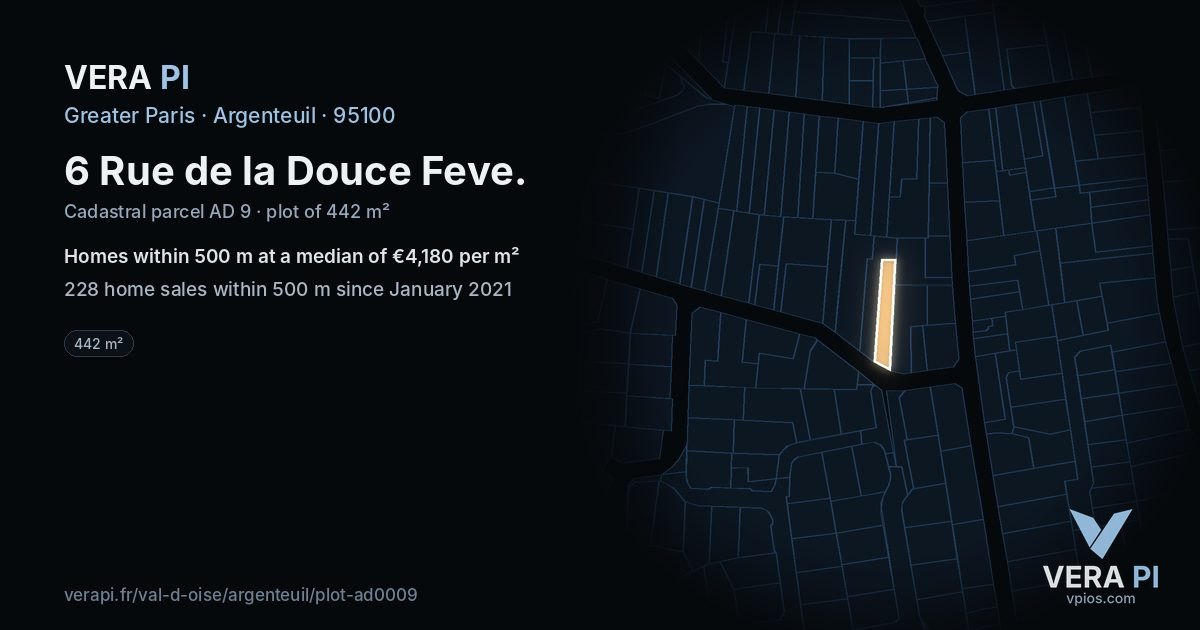 6 Rue de la Douce Feve, Argenteuil at night – the plot lit, the parcels around coloured by the prices near them