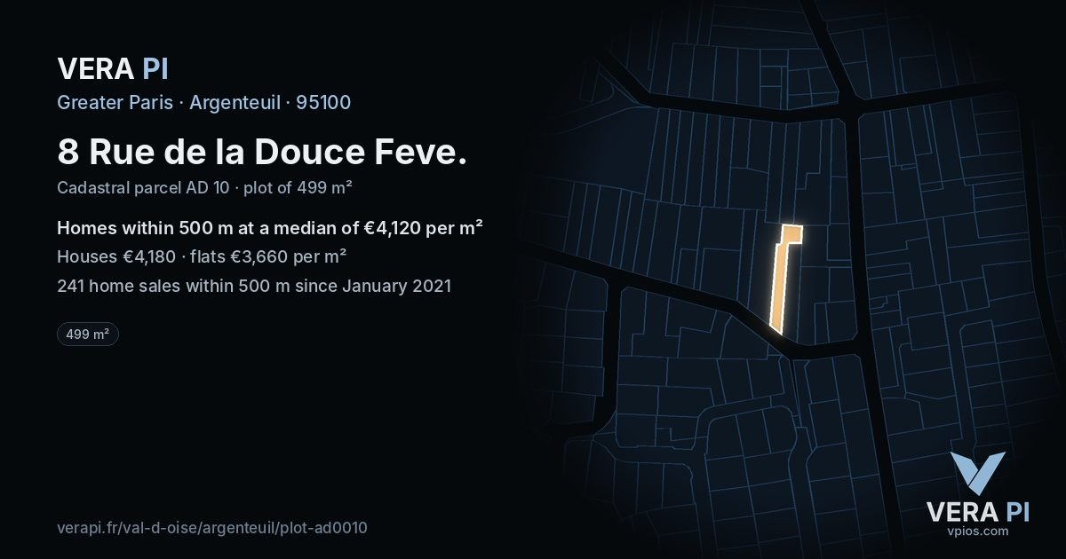 8 Rue de la Douce Feve, Argenteuil at night – the plot lit, the parcels around coloured by the prices near them