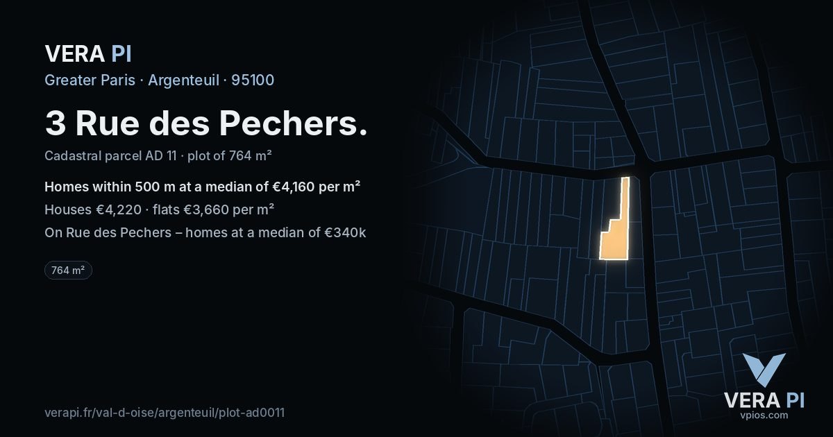 3 Rue des Pechers, Argenteuil at night – the plot lit, the parcels around coloured by the prices near them