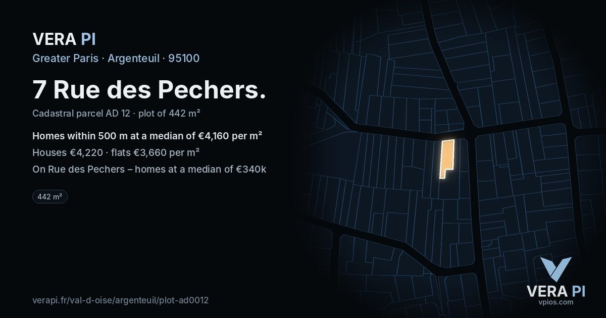 7 Rue des Pechers, Argenteuil at night – the plot lit, the parcels around coloured by the prices near them