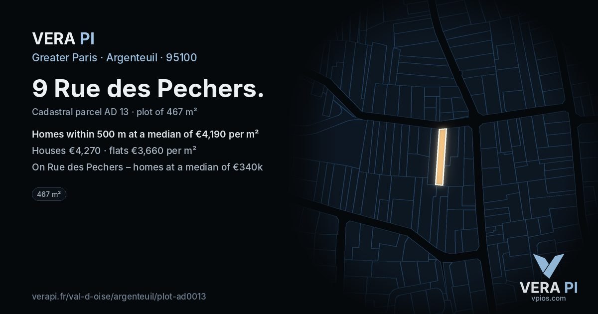 9 Rue des Pechers, Argenteuil at night – the plot lit, the parcels around coloured by the prices near them