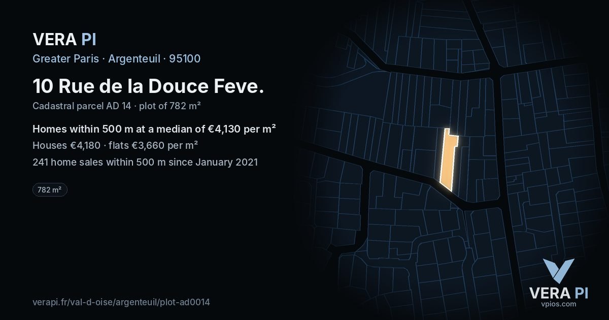 10 Rue de la Douce Feve, Argenteuil at night – the plot lit, the parcels around coloured by the prices near them