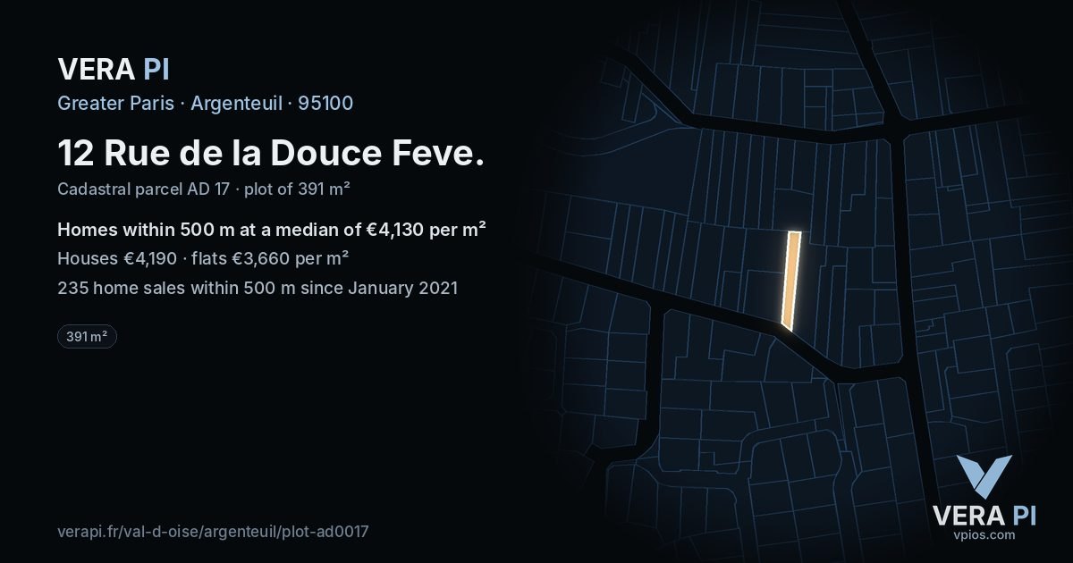 12 Rue de la Douce Feve, Argenteuil at night – the plot lit, the parcels around coloured by the prices near them