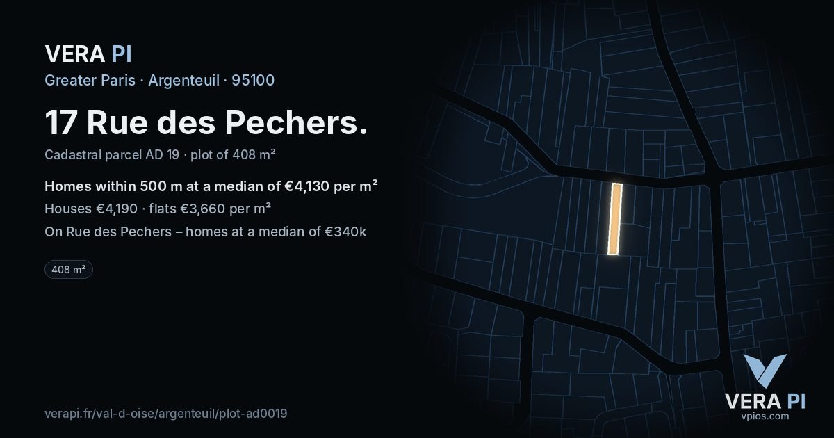 17 Rue des Pechers, Argenteuil at night – the plot lit, the parcels around coloured by the prices near them