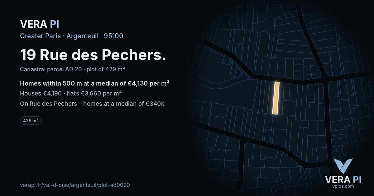 19 Rue des Pechers, Argenteuil at night – the plot lit, the parcels around coloured by the prices near them