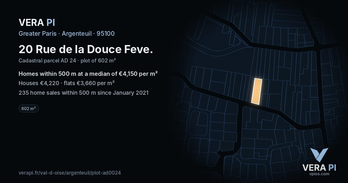 20 Rue de la Douce Feve, Argenteuil at night – the plot lit, the parcels around coloured by the prices near them