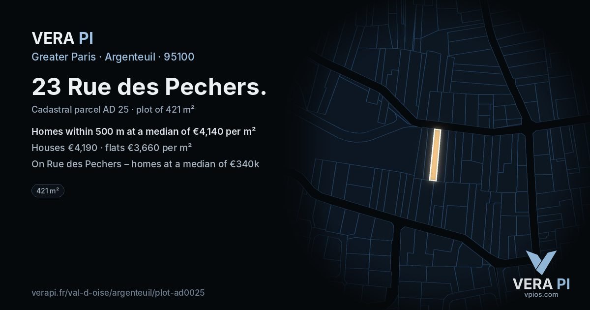 23 Rue des Pechers, Argenteuil at night – the plot lit, the parcels around coloured by the prices near them