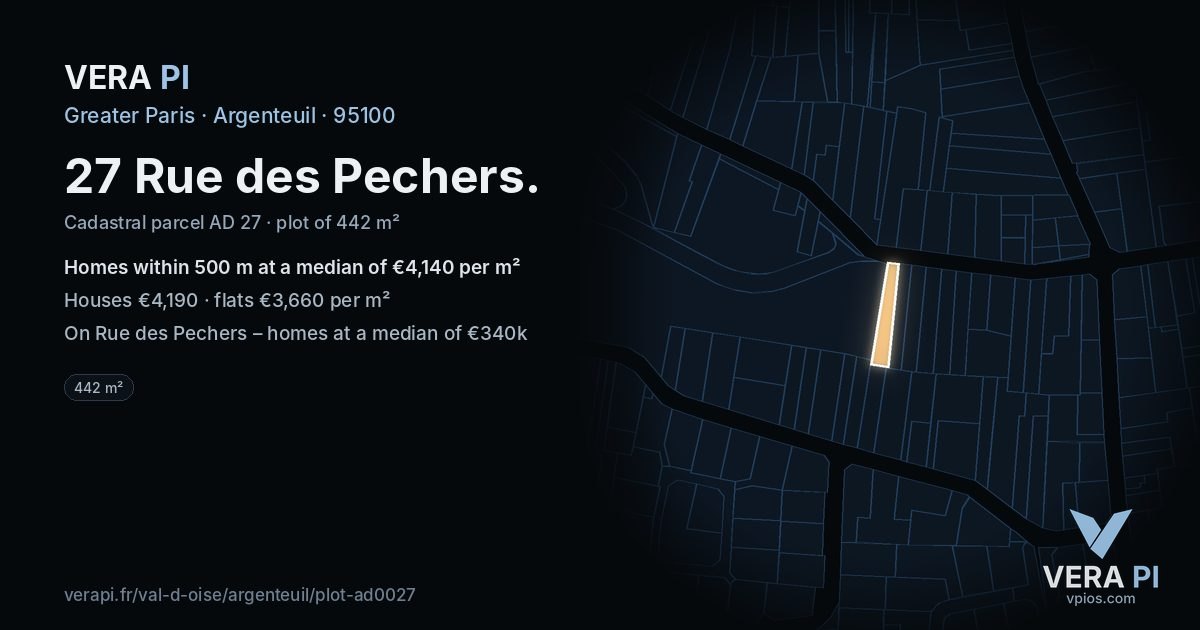 27 Rue des Pechers, Argenteuil at night – the plot lit, the parcels around coloured by the prices near them