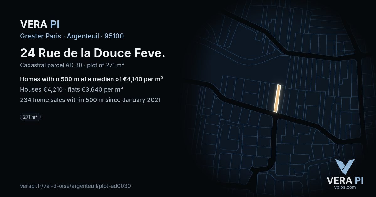 24 Rue de la Douce Feve, Argenteuil at night – the plot lit, the parcels around coloured by the prices near them