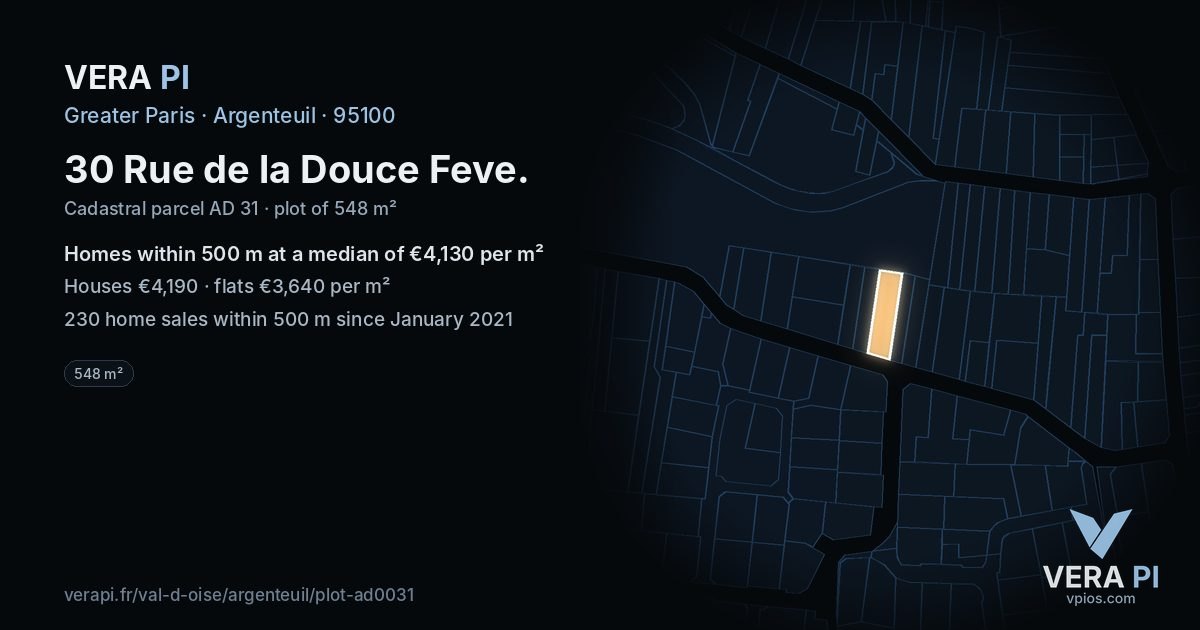 30 Rue de la Douce Feve, Argenteuil at night – the plot lit, the parcels around coloured by the prices near them