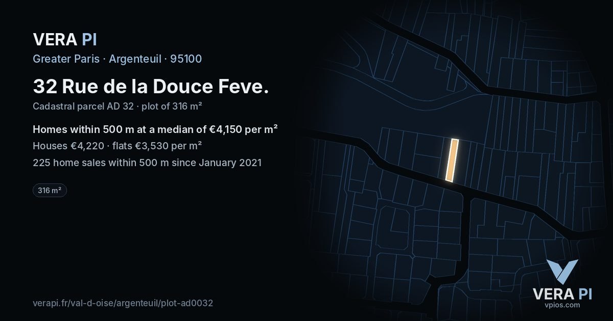 32 Rue de la Douce Feve, Argenteuil at night – the plot lit, the parcels around coloured by the prices near them