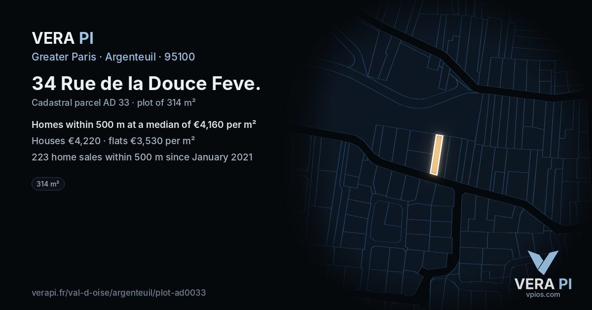 34 Rue de la Douce Feve, Argenteuil at night – the plot lit, the parcels around coloured by the prices near them