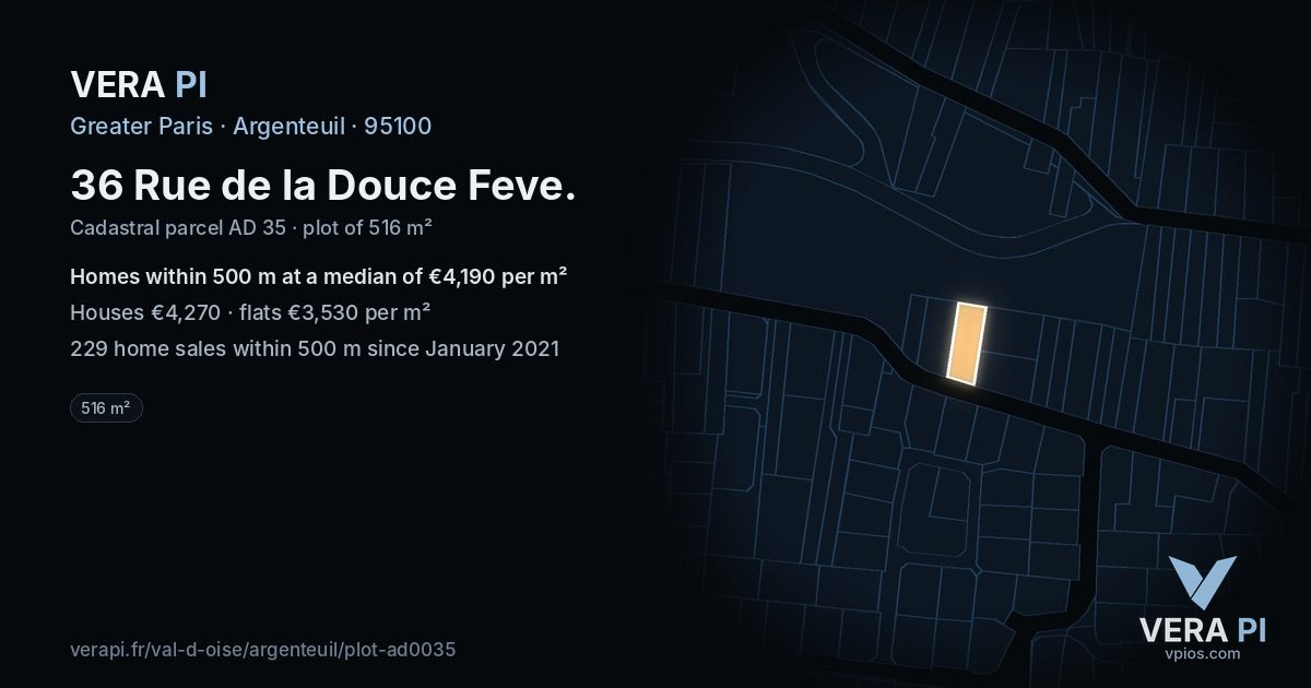 36 Rue de la Douce Feve, Argenteuil at night – the plot lit, the parcels around coloured by the prices near them