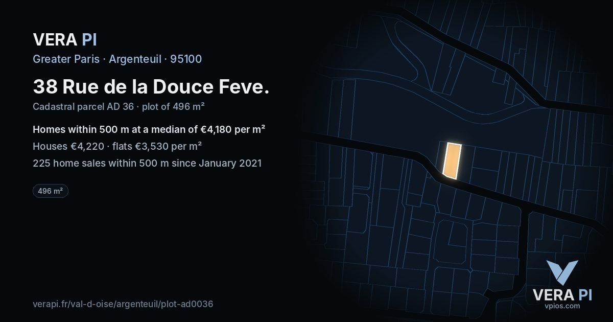38 Rue de la Douce Feve, Argenteuil at night – the plot lit, the parcels around coloured by the prices near them