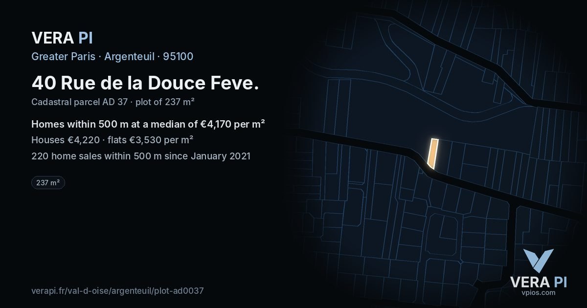 40 Rue de la Douce Feve, Argenteuil at night – the plot lit, the parcels around coloured by the prices near them