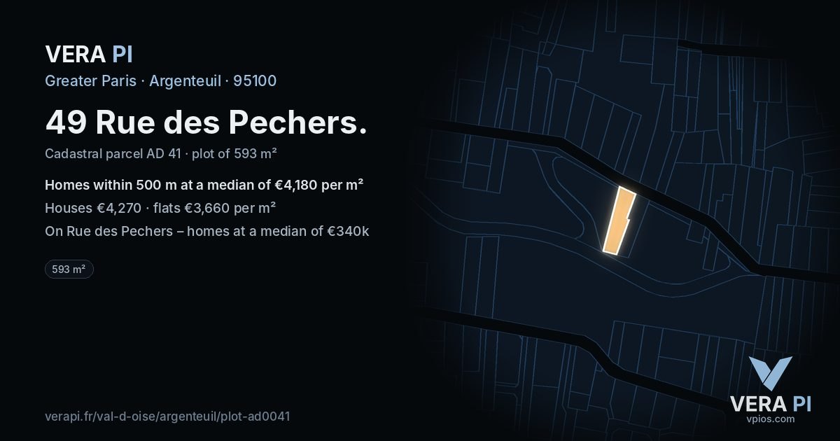49 Rue des Pechers, Argenteuil at night – the plot lit, the parcels around coloured by the prices near them