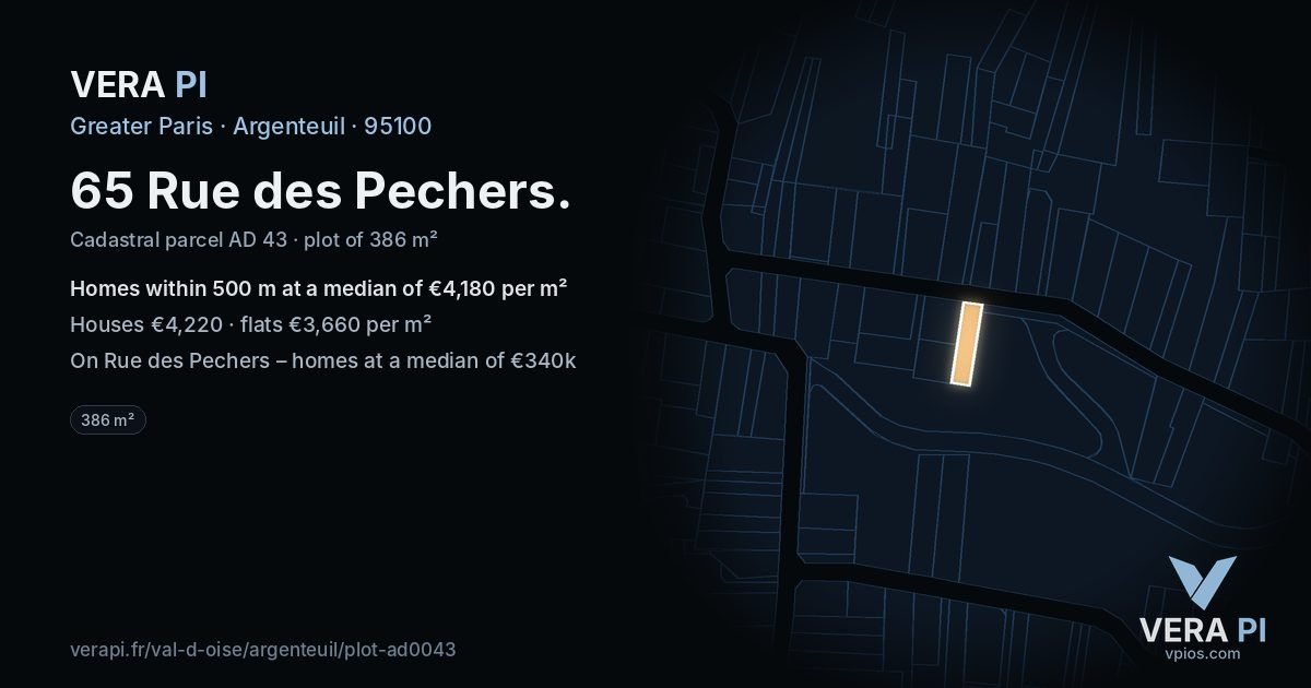 65 Rue des Pechers, Argenteuil at night – the plot lit, the parcels around coloured by the prices near them