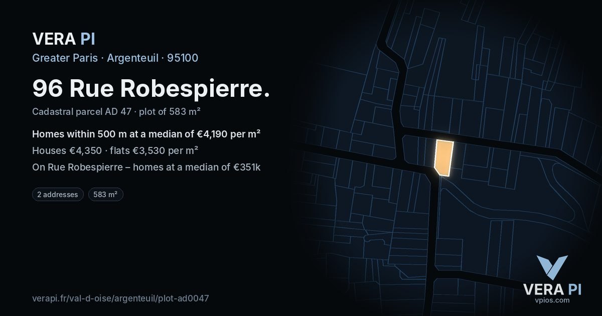 96 Rue Robespierre, Argenteuil at night – the plot lit, the parcels around coloured by the prices near them
