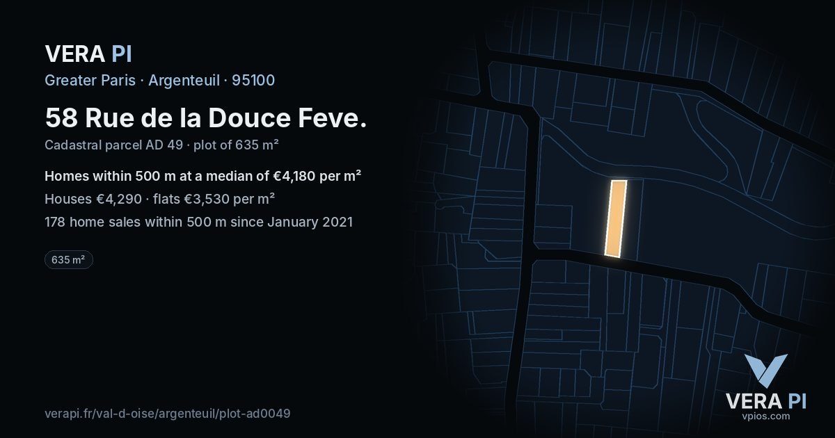 58 Rue de la Douce Feve, Argenteuil at night – the plot lit, the parcels around coloured by the prices near them