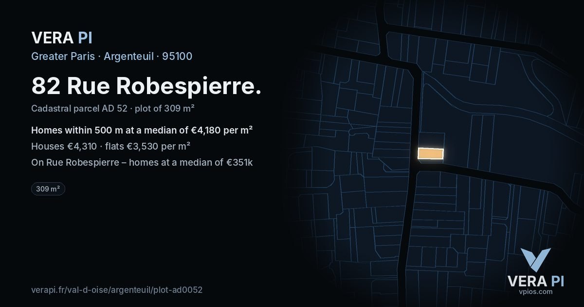 82 Rue Robespierre, Argenteuil at night – the plot lit, the parcels around coloured by the prices near them