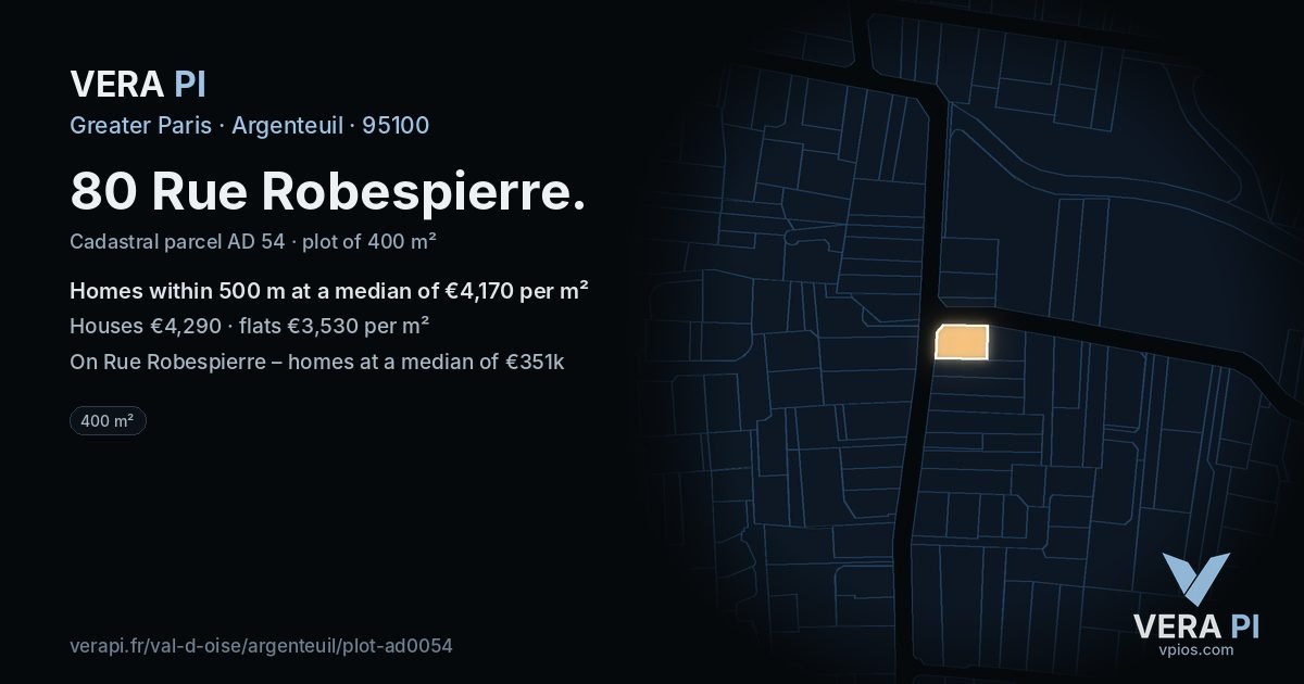 80 Rue Robespierre, Argenteuil at night – the plot lit, the parcels around coloured by the prices near them