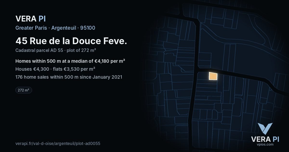 45 Rue de la Douce Feve, Argenteuil at night – the plot lit, the parcels around coloured by the prices near them