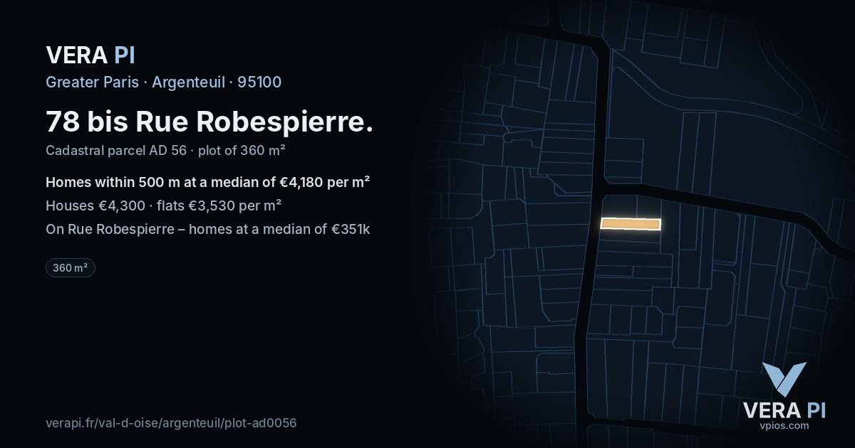78 bis Rue Robespierre, Argenteuil at night – the plot lit, the parcels around coloured by the prices near them