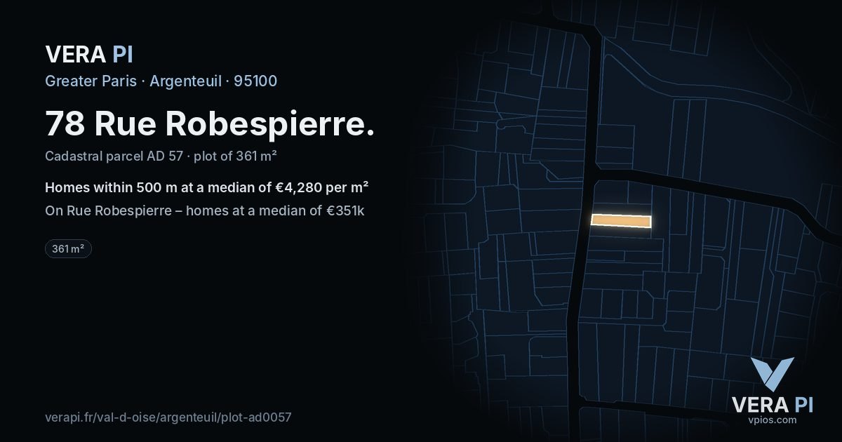 78 Rue Robespierre, Argenteuil at night – the plot lit, the parcels around coloured by the prices near them
