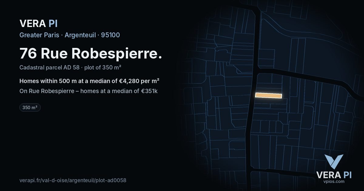 76 Rue Robespierre, Argenteuil at night – the plot lit, the parcels around coloured by the prices near them