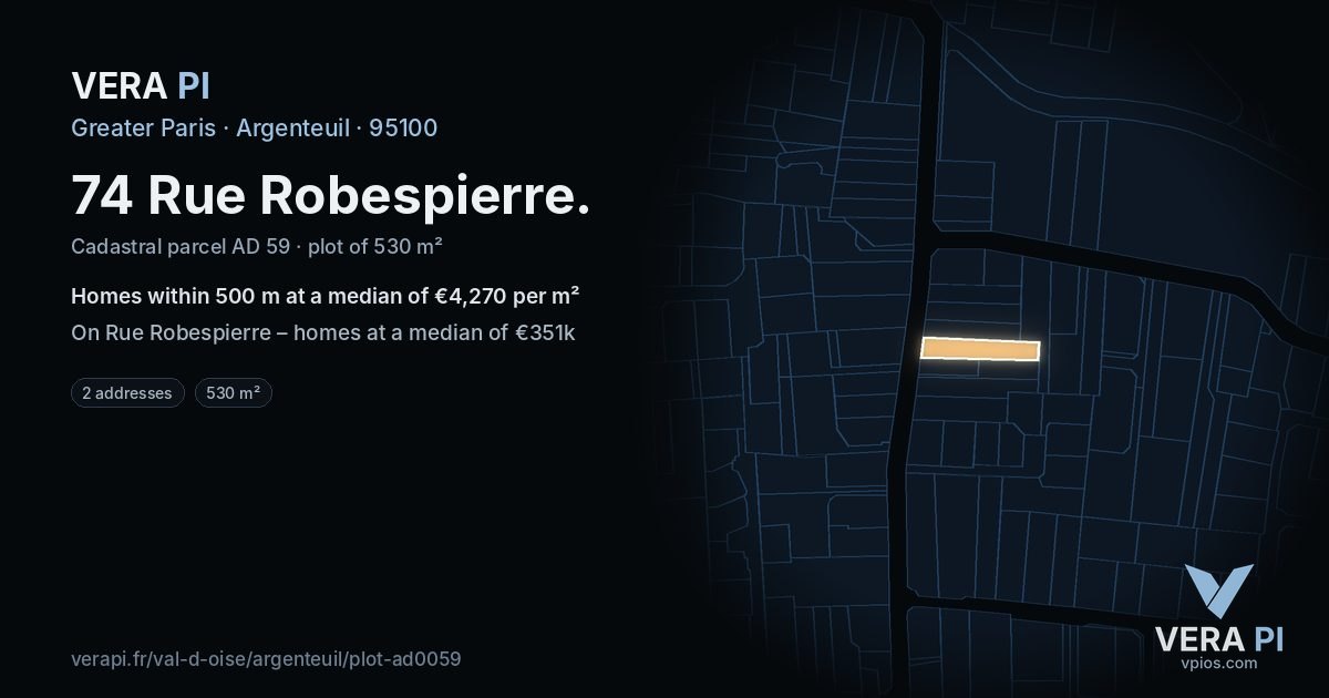 74 Rue Robespierre, Argenteuil at night – the plot lit, the parcels around coloured by the prices near them