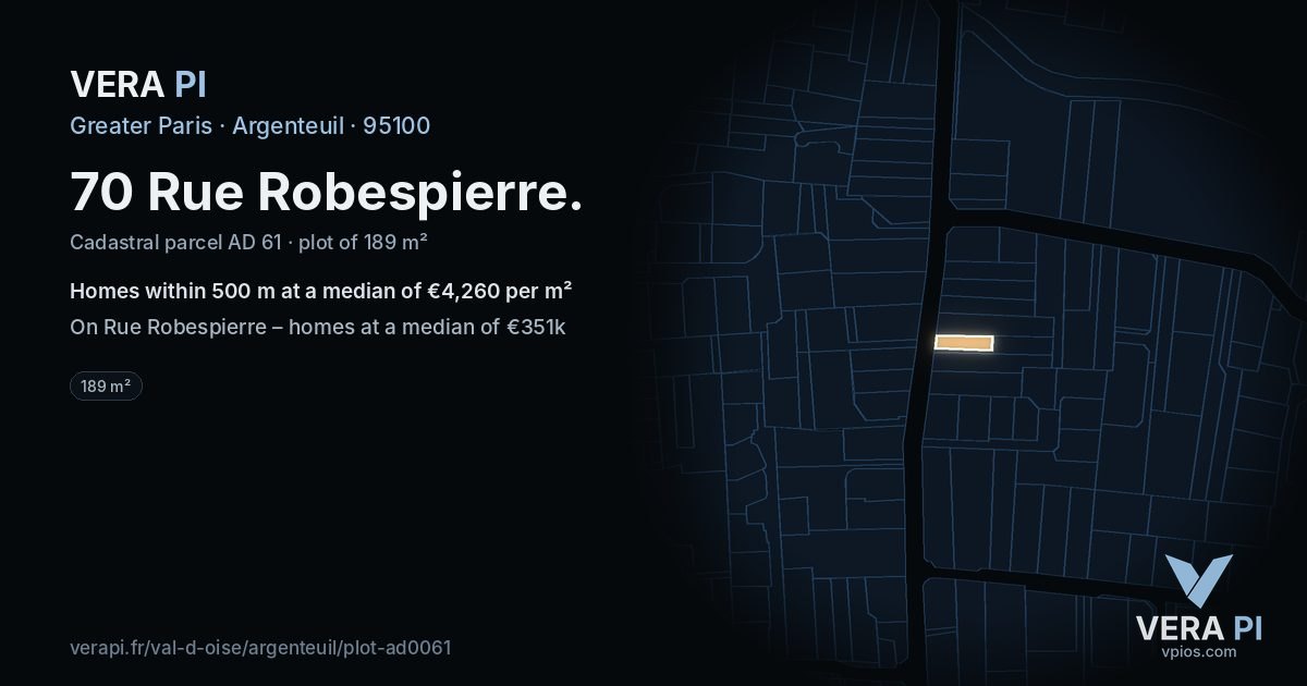 70 Rue Robespierre, Argenteuil at night – the plot lit, the parcels around coloured by the prices near them