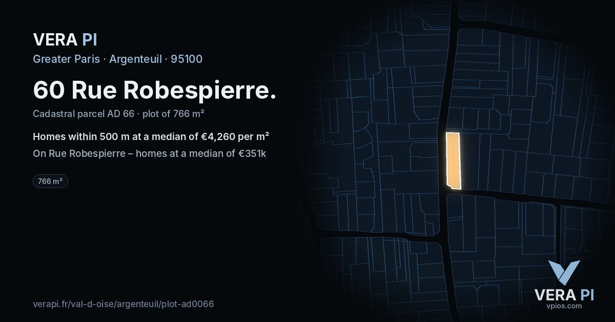 60 Rue Robespierre, Argenteuil at night – the plot lit, the parcels around coloured by the prices near them