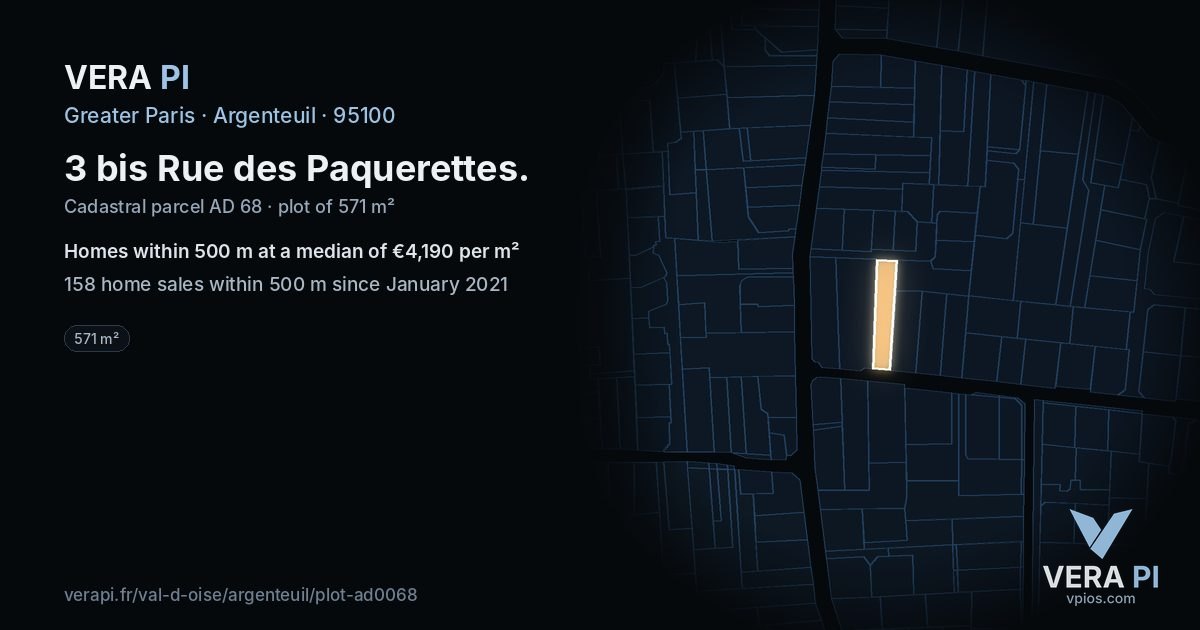3 bis Rue des Paquerettes, Argenteuil at night – the plot lit, the parcels around coloured by the prices near them