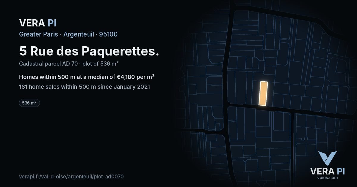 5 Rue des Paquerettes, Argenteuil at night – the plot lit, the parcels around coloured by the prices near them