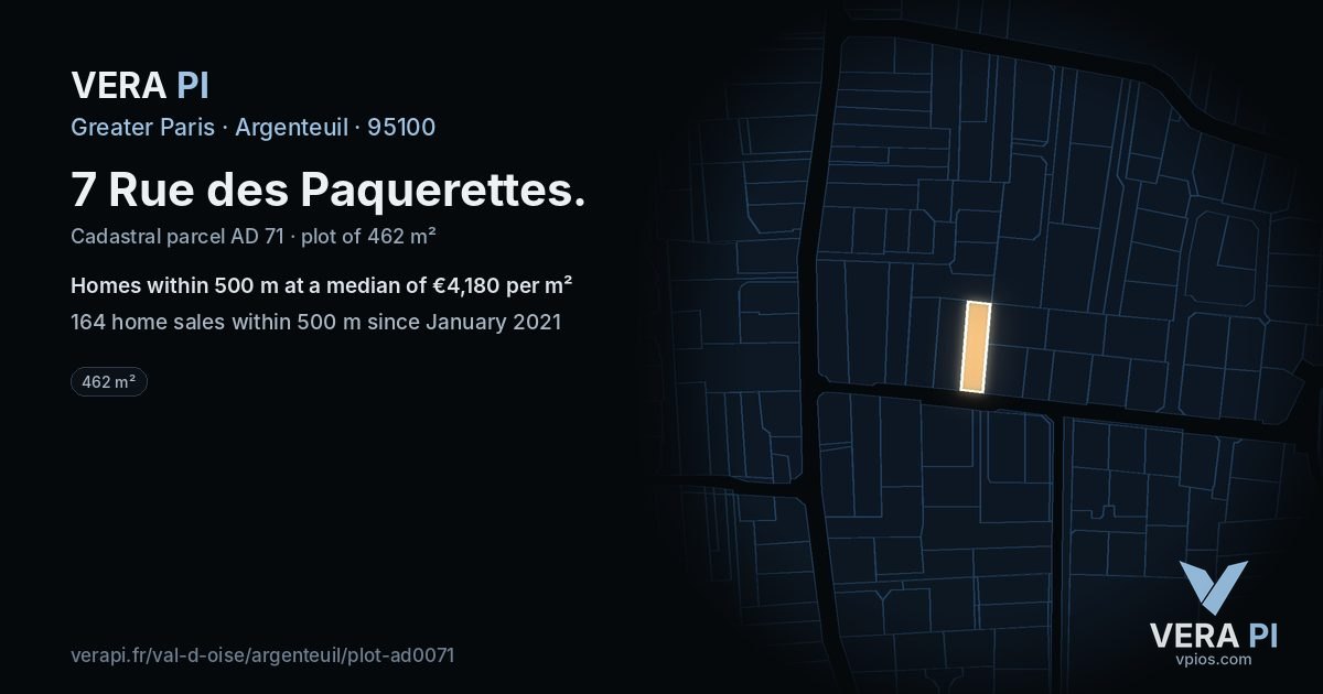 7 Rue des Paquerettes, Argenteuil at night – the plot lit, the parcels around coloured by the prices near them
